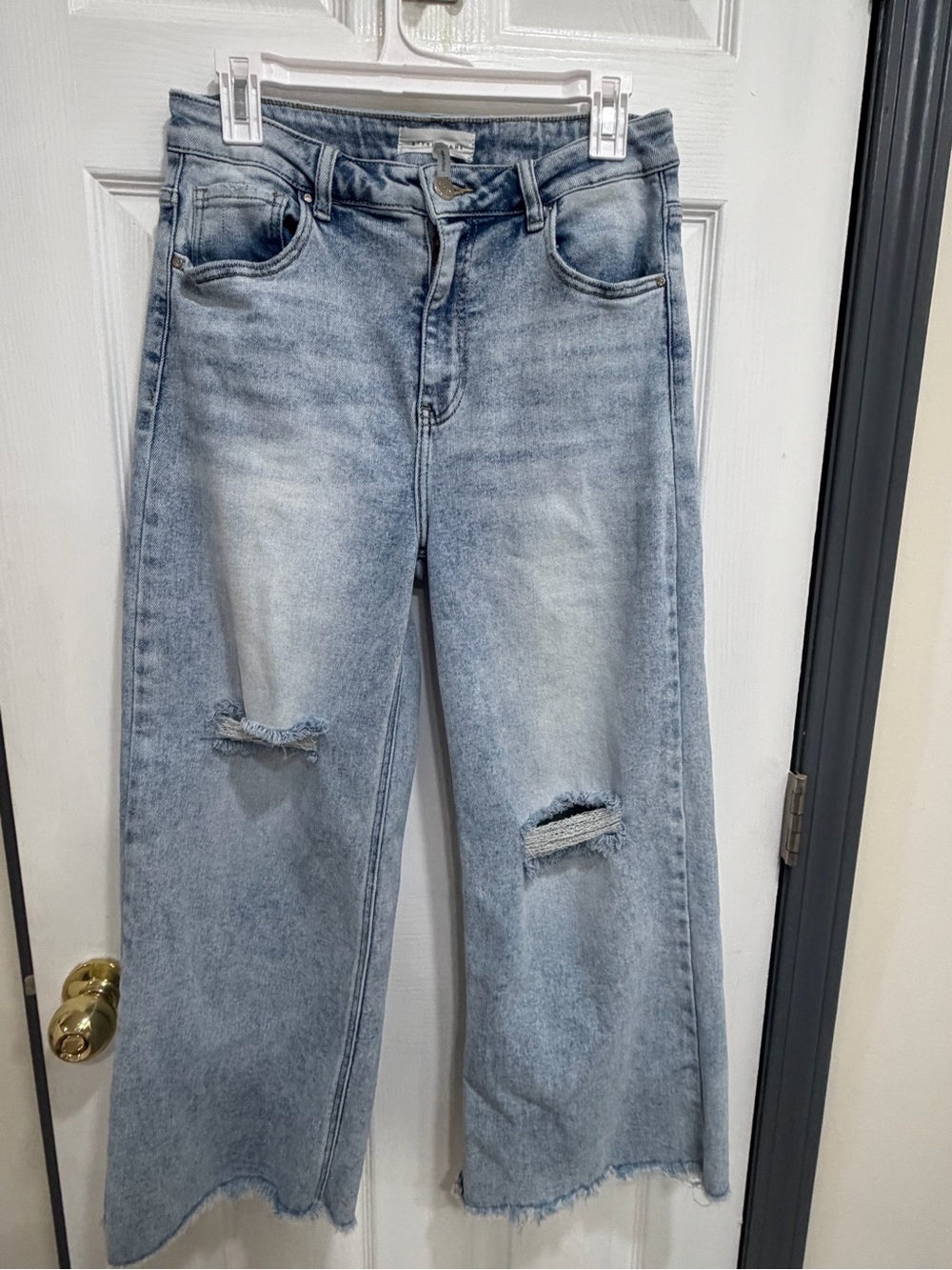 Light Blue Distressed Cropped Wide-Leg Jeans